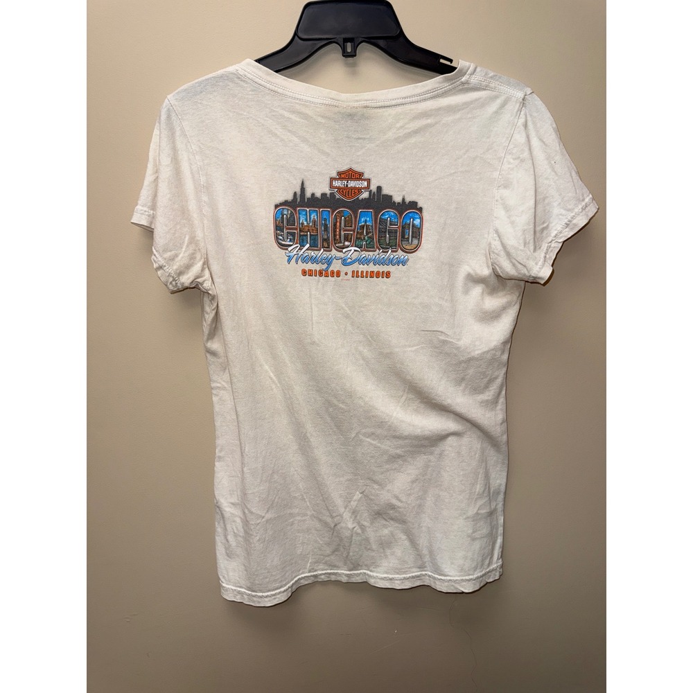 Harley-Davidson Chicago Illinois V-Neck Graphic T-Shirt Cream Womens Bravado - Picture 2 of 4